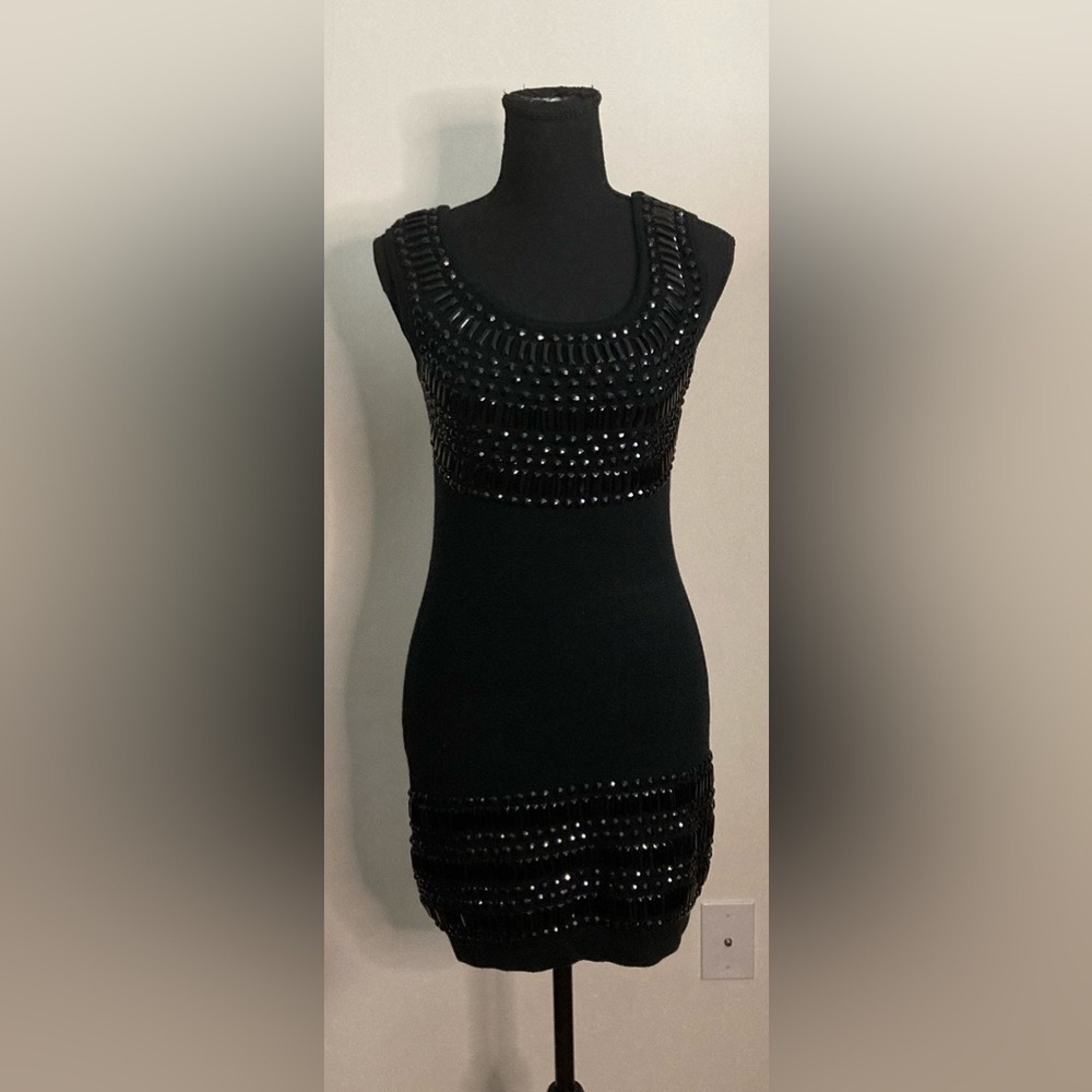 Bebe Black Studded Beaded Bodycon Mini Dress Open Back Bow Detail Sleeveless - Picture 2 of 10